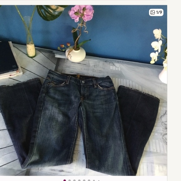 7 for all Mankind Jeans Womens Size27 Yellow Pocket Dark Blue Distressed Bootcut - Picture 8 of 9